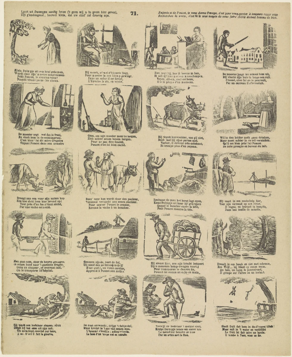 Leert uit Duimpjes aardig leven, ('t geen wij u in prent hier geven : ) / Zijt g'ondeugend, hoewel klein, dat uw eind' zal droevig zijn / Enfants si de Poucet, je vous donne l'image, c'est pour vous exciter à toujours rester sage; / Recherchez la vertu, c'est là le vrai moyen de vous faire chérir de tout homme de bien by Philippus Jacobus Brepols, print, 1800-1833