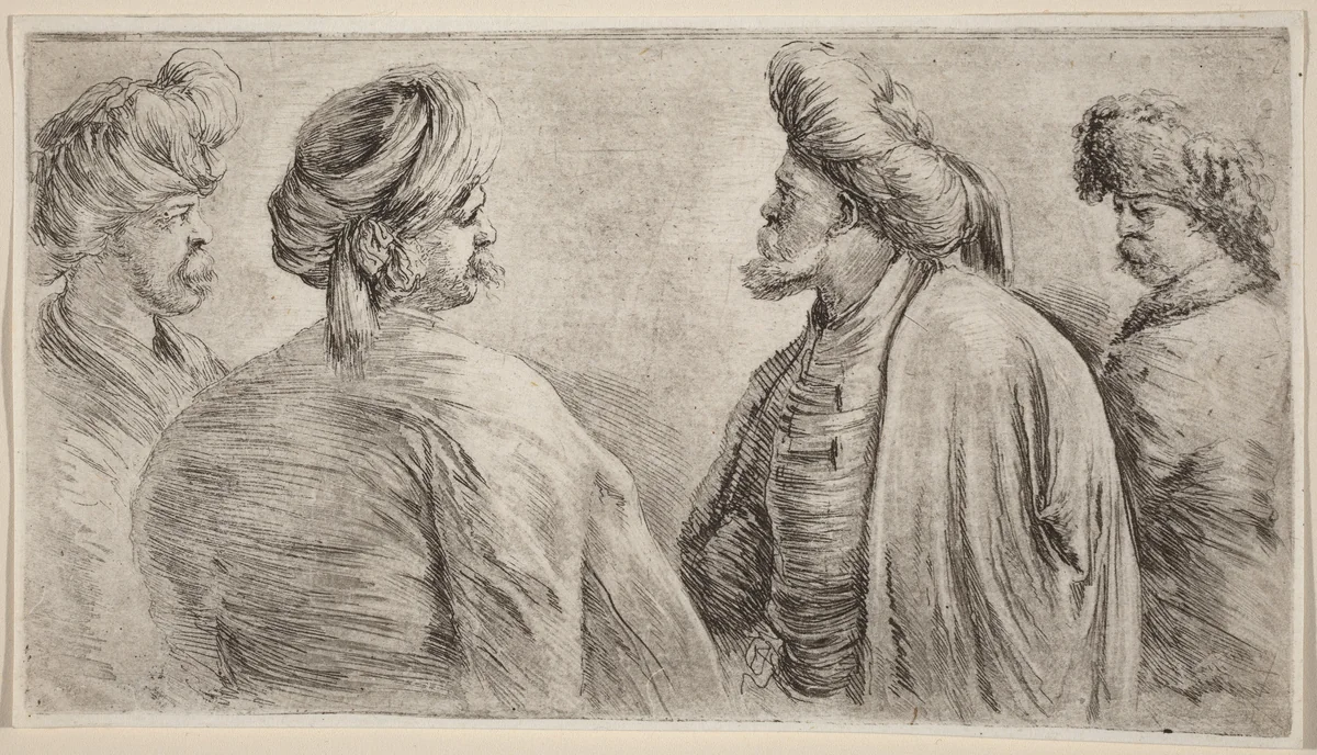 Four Turks Wearing Turbans by Stefano della Bella, print, 1662