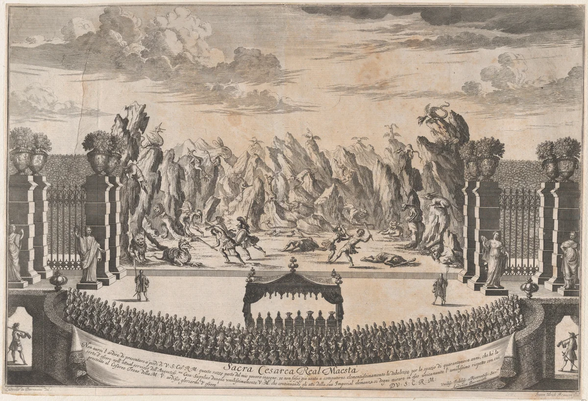 The royal family sitting under a canopy, watching dancers perform the opening ballet of 'La Costanza d'Ulisse' by Johann Ulrich Kraus, print, 1695-1705