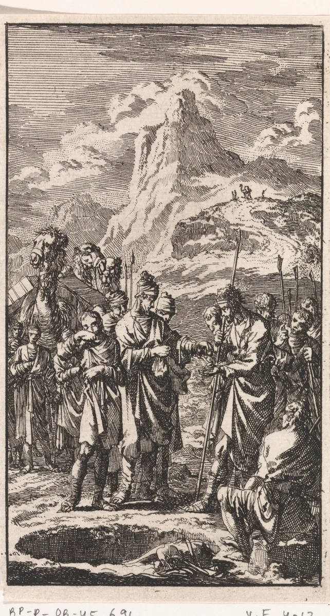 Jozef wordt door zijn broers verkocht aan kooplieden bij de put by Jan Luyken, print, 1712