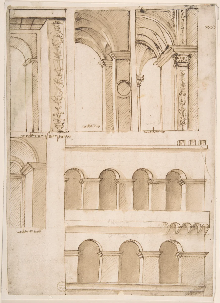 Architecture Study containing Details of One or Several Buildings (possibly part of the street-facing architecture of old Saint Peter's Square in Rome) by anonymous, drawing, 1490-1510