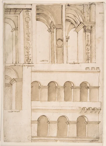 Architecture Study containing Details of One or Several Buildings (possibly part of the street-facing architecture of old Saint Peter's Square in Rome) by anonymous, drawing, 1490-1510