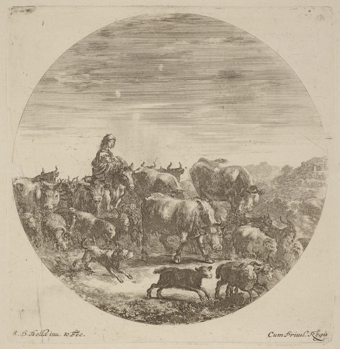 Peasant Seated on a Horse with Cows, Sheep, and Goats by Stefano della Bella, print, 1610-1664