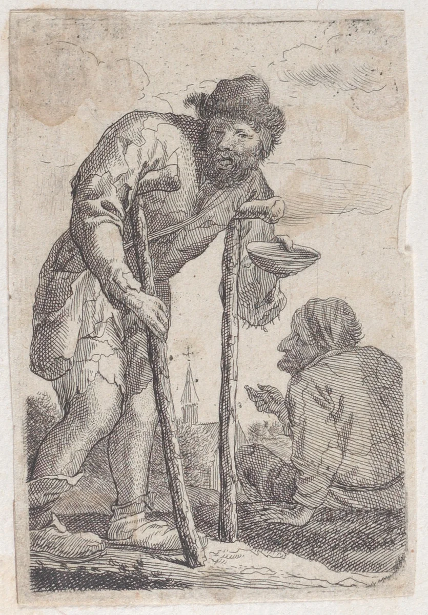 A beggar on crutches holding out a bowl by Jacques Dassonville, print, 1635-1675