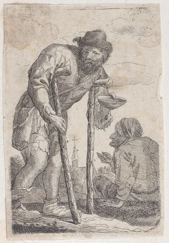A beggar on crutches holding out a bowl by Jacques Dassonville, print, 1635-1675