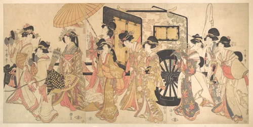 Courtesans Imitating a Court Procession by Kitagawa Utamaro (喜多川歌麿), print, 1806