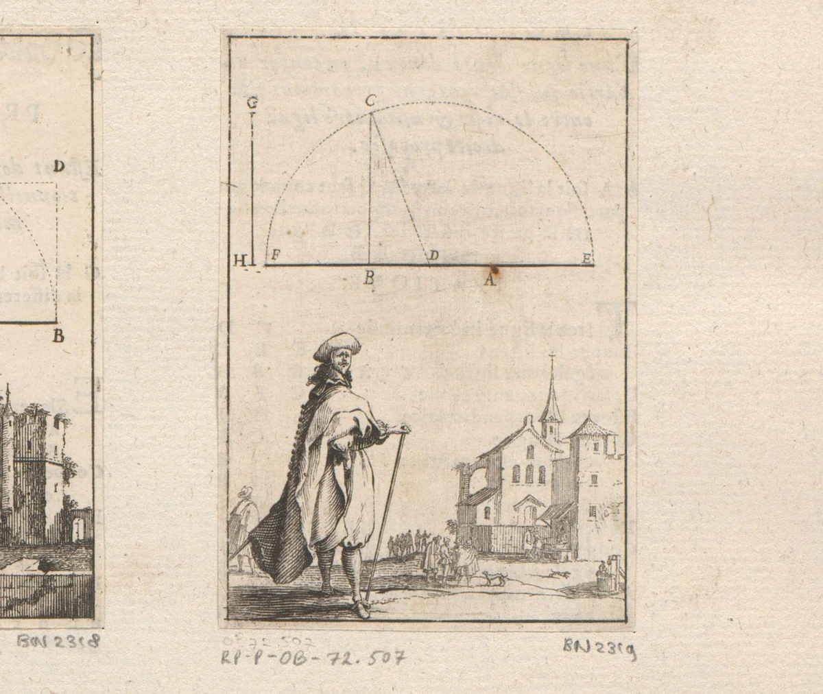 Lijn met gemiddeldes met onderaan een staande figuur bij kerk by Sébastien Leclerc, print, 1669