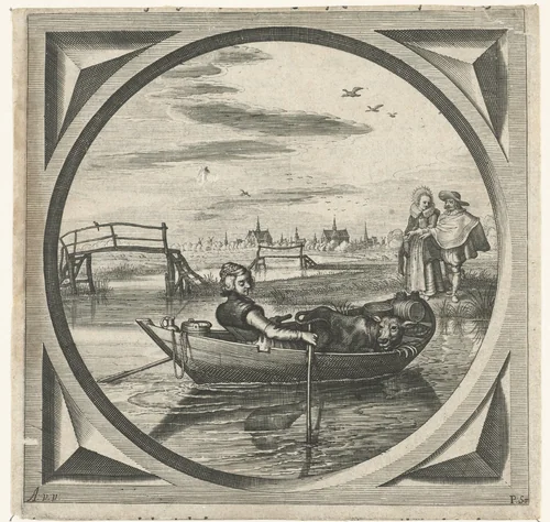 Vrouw in een roeiboot by Pieter Serwouters, print, 1625