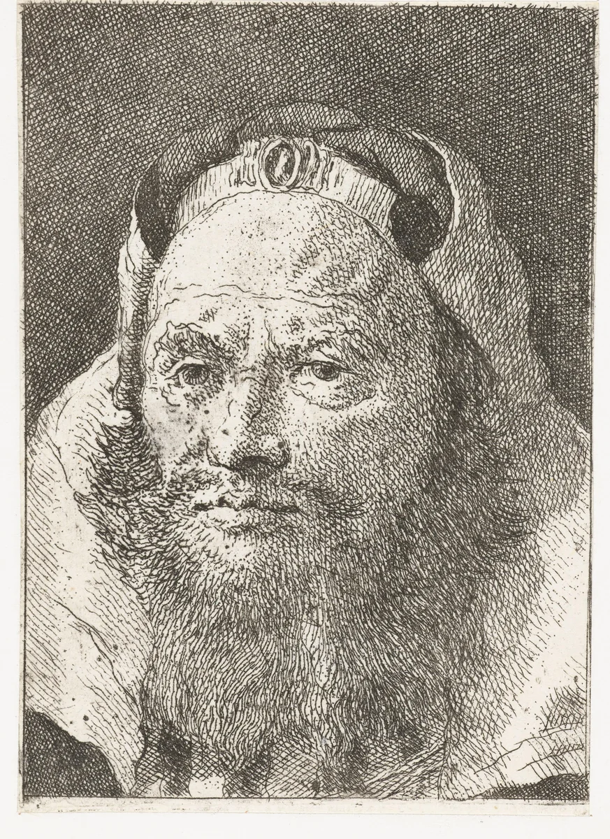 Man met muts met sieraad by Giovanni Domenico Tiepolo, print, 1771-1774