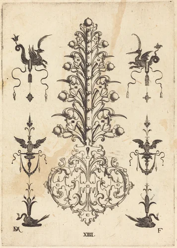 Hyacinth-Shaped Brooch with Winged Animals at Top and Crouching Swans at Bottom by Daniel Mignot, print, 1596