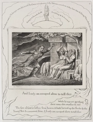 The Book of Job: Pl. 4, and I only am escaped alone to tell thee by William Blake, print, 1825