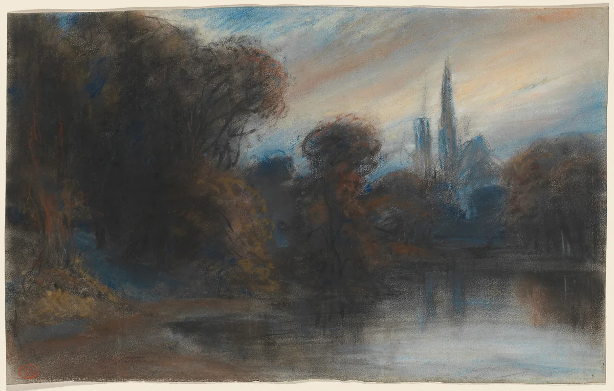 An Abbey by a Wooded Lake at Twilight by Paul Huet, drawing, 1831
