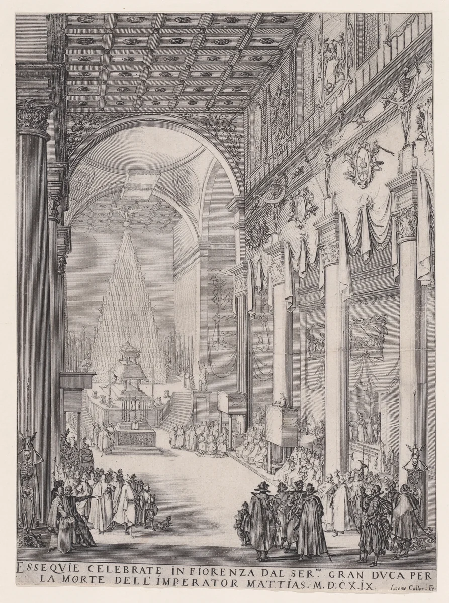 Le Catafalque de l'Empereur Mathais pièce appelée aussi Le Petit Prédicateur, La Chapelle Funèbre de Florence et Requiem de L'Empereur Mathais (The Catafalque of the Emperor Matthais, piece also called The Small Preacher, The Funerary Chapel of Florence, The Requiem of the Emperor Matthais) by Jacques Callot, print, 1619