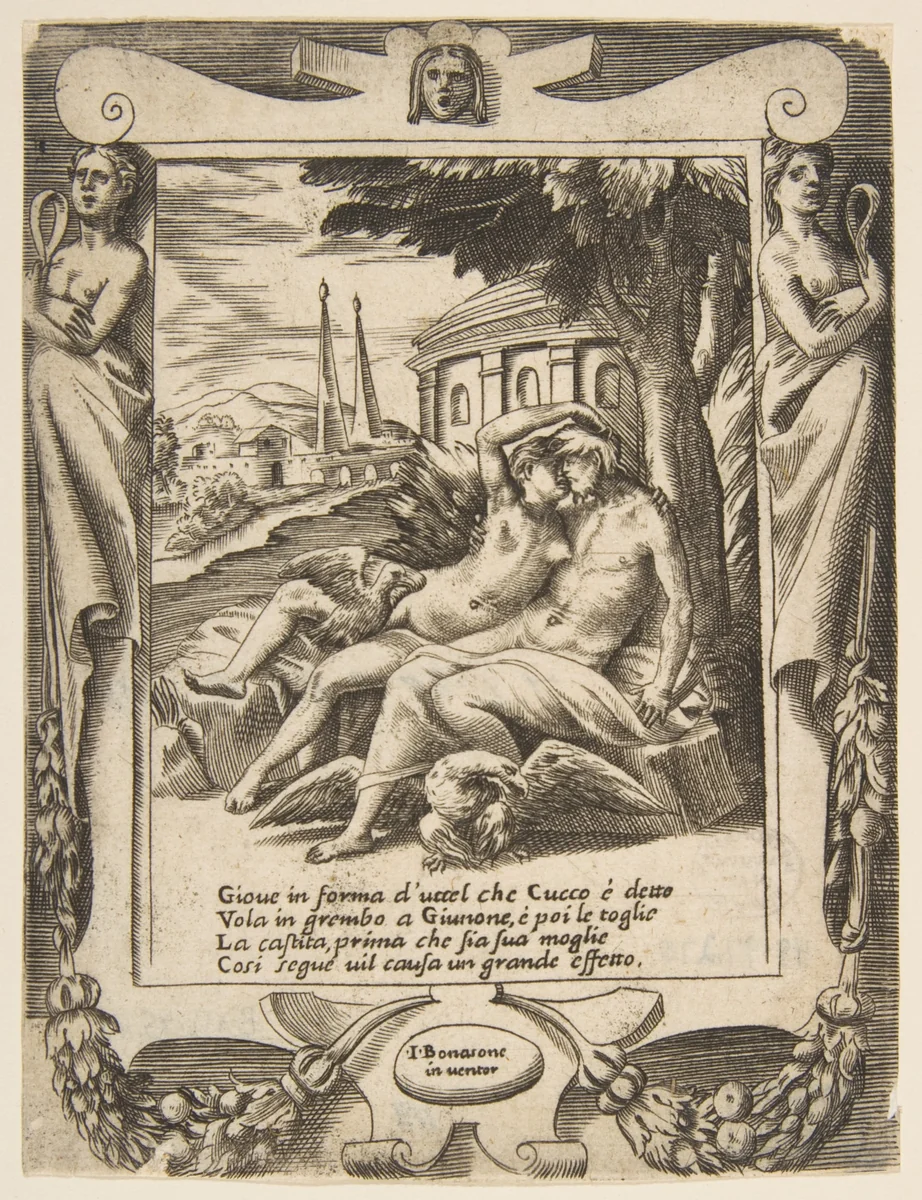 Jupiter tells Juno of his love, set within a frame, from "Loves, Rages and Jealousies of Juno" by Giulio Bonasone, print, 1531-1576