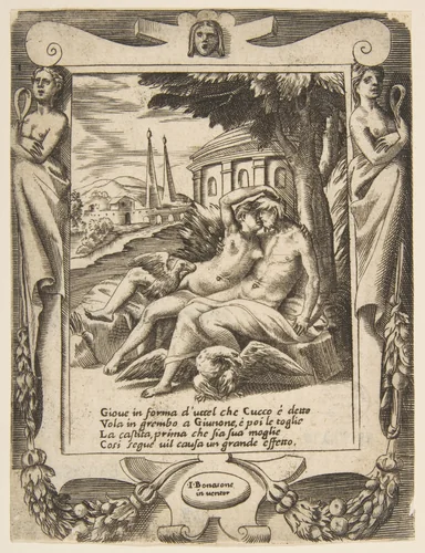 Jupiter tells Juno of his love, set within a frame, from "Loves, Rages and Jealousies of Juno" by Giulio Bonasone, print, 1531-1576