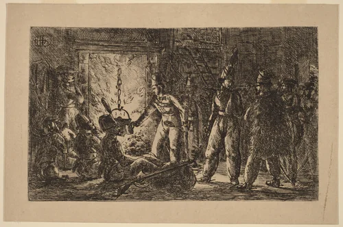 Cossacks before a Fireplace (Les cosaques devant la cheminée de la ferme en Hollande) [recto] by Gerhardus Emaus de Micault, print, 1815