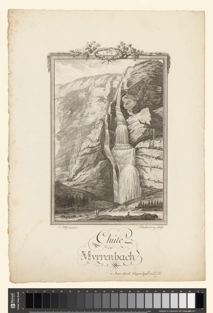 Gezicht op de Mürrenbachwaterval by Johann Rudolph Schellenberg, print, 1776