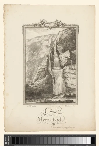 Gezicht op de Mürrenbachwaterval by Johann Rudolph Schellenberg, print, 1776