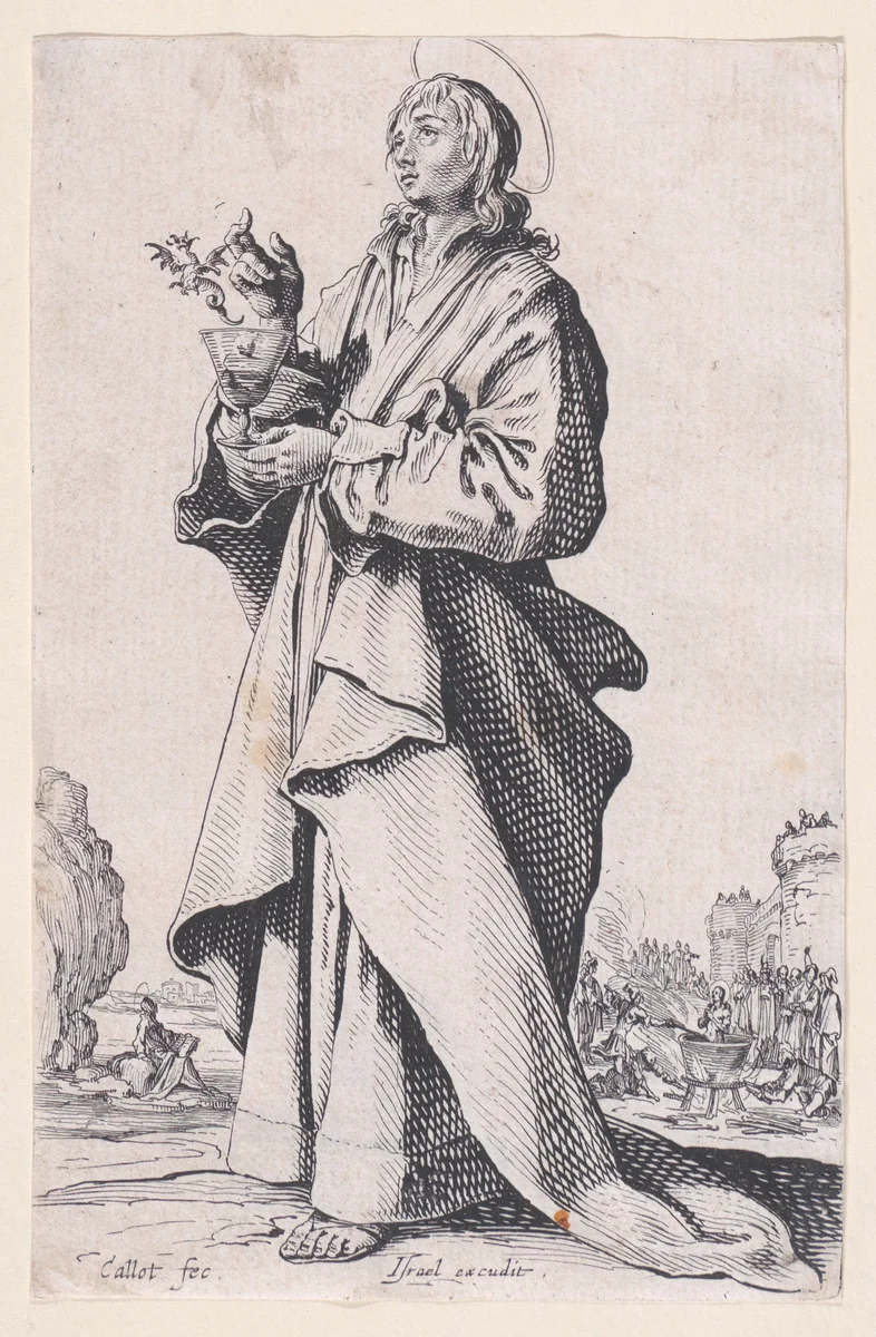 St. John the Evangelist, from "Les Grands Apôtres Debout, Représentant Le Sauveur, La Bienheureuse Marie et Les Saints Apôtres" (The Large Standing Apostles, Representing The Savior, The Blessed Mary and The Apostles) by Jacques Callot, print, 1631