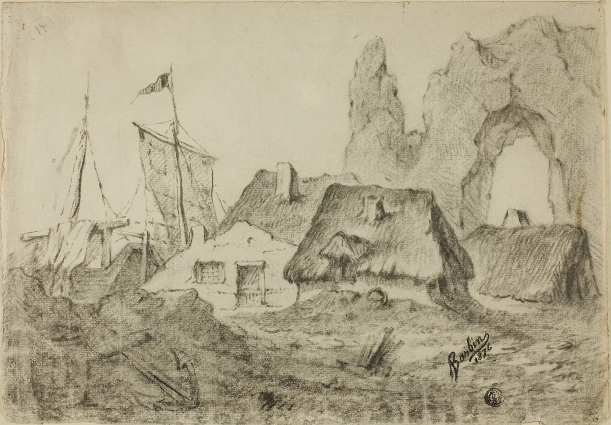 Huts Etretat by Barbin, drawing, 1876