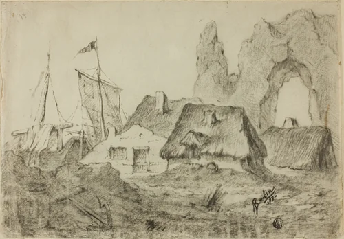 Huts Etretat by Barbin, drawing, 1876