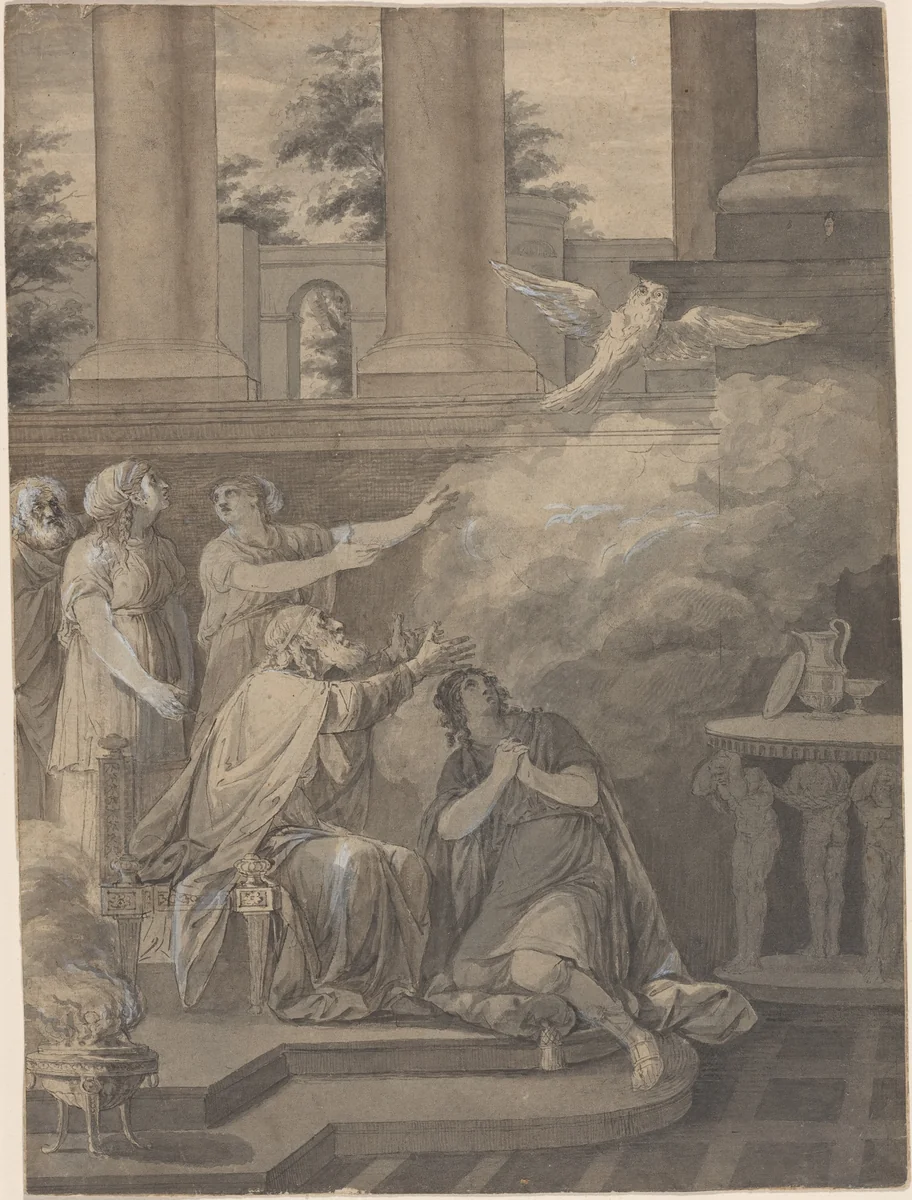 Pallas Athene in the Form of a Bird Leaving Nestor and Telemachus by Jean-Jacques-François Le Barbier, drawing, 1780
