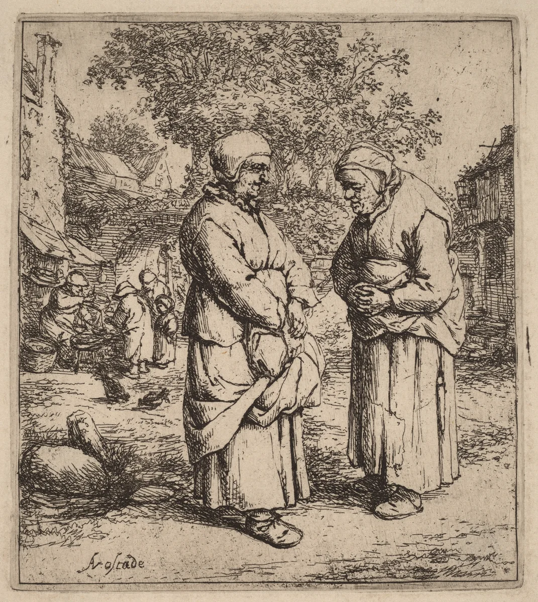 Two Peasant Women Conversing on a Village Street by Adriaen van Ostade, print, 1647-1657