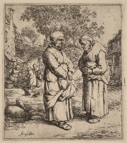 Two Peasant Women Conversing on a Village Street by Adriaen van Ostade, print, 1647-1657
