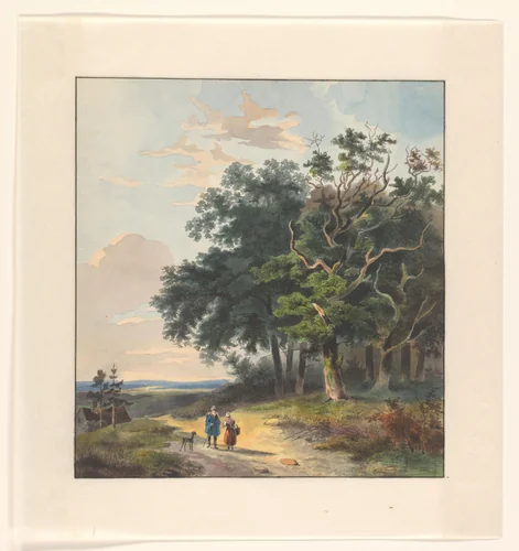 Twee figuren op een landweg langs een bosrand by Johannes van Reijn, drawing, 1800-1900