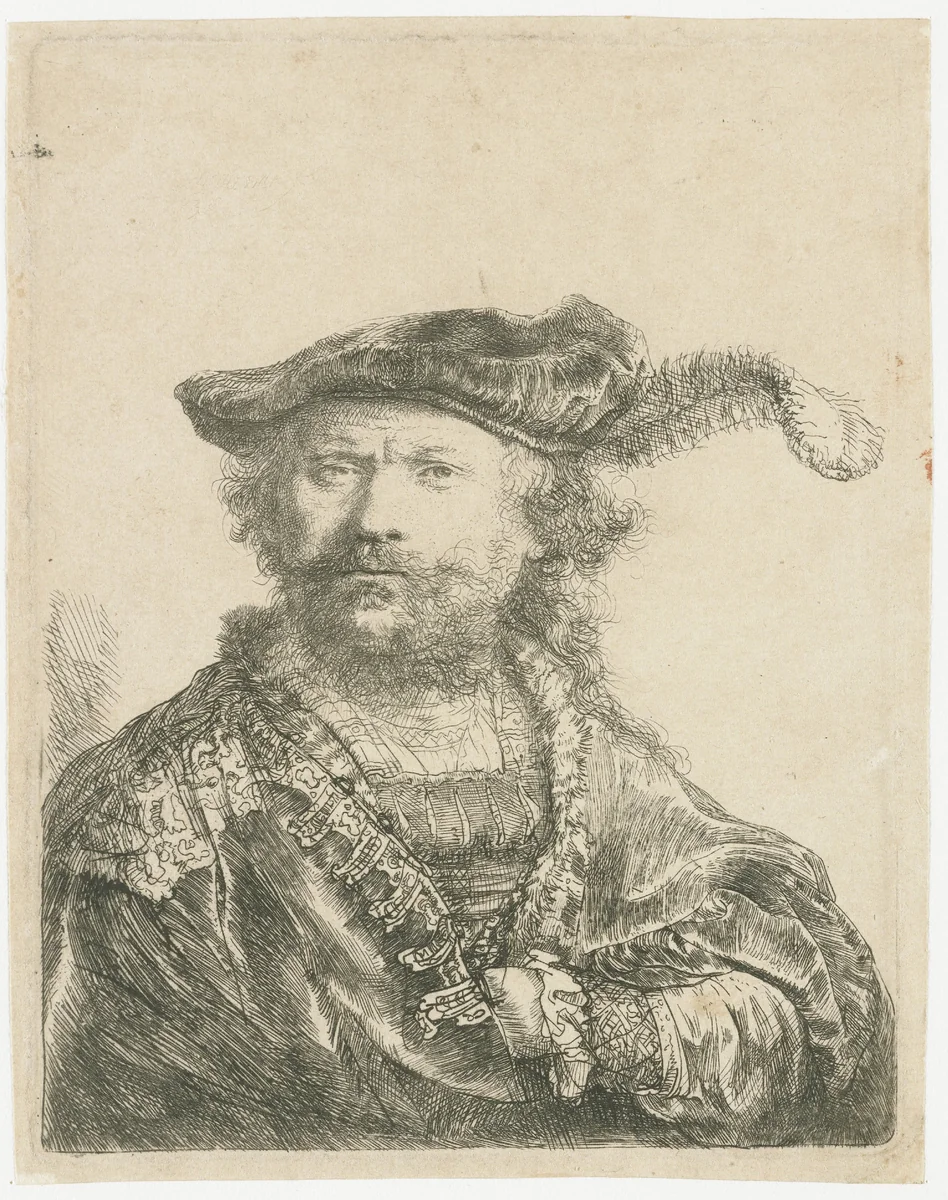 Self-portrait in a velvet cap with plume by Rembrandt van Rijn, print, 1638