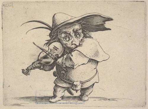 Small, masked male figure playing a violin, from "Varie Figure Gobbi" by Jacques Callot, print, 1621-1625