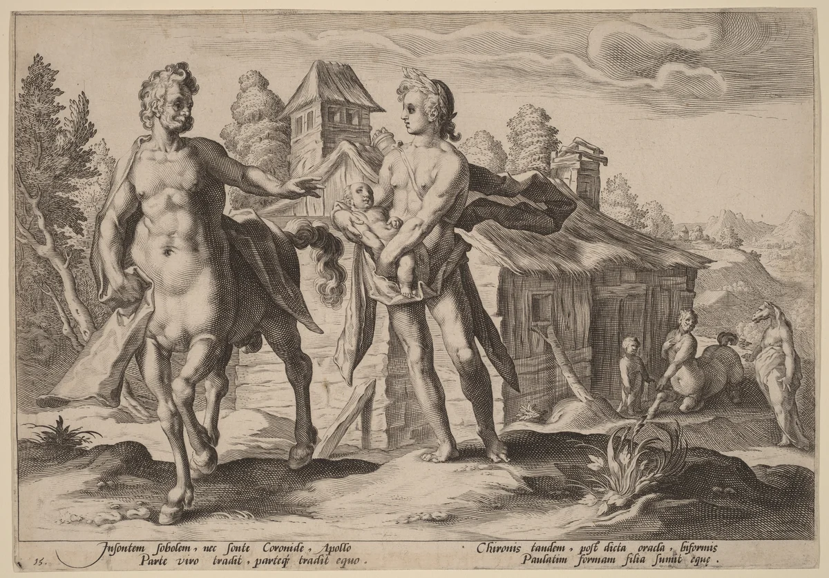 Apollo Entrusting Chiron with the Education of Asclepius by Hendrick Goltzius, print, 1590