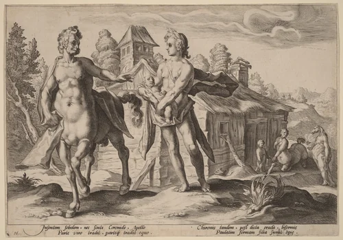 Apollo Entrusting Chiron with the Education of Asclepius by Hendrick Goltzius, print, 1590