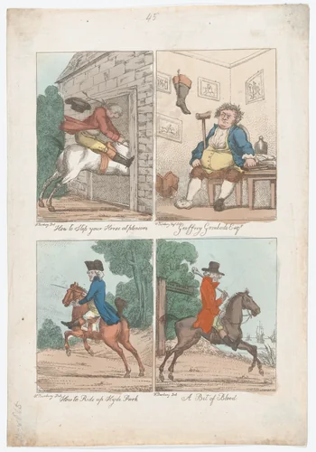 Four Scenes: How to Stop your Horse at Pleasure; Geoffrey Gombado Esq-r.; How to Ride up Hyde Park; A Bit of Blood by Henry William Bunbury, print, 1787