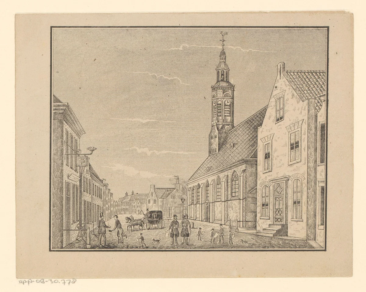 Stadsgezicht met een kerk en een paardenkoets by Isaac Weissenbruch, print, 1836-1912