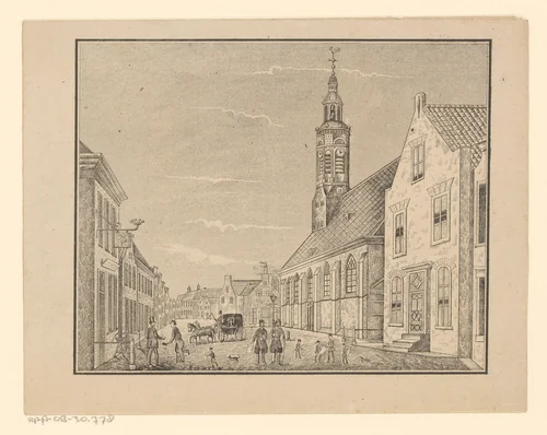 Stadsgezicht met een kerk en een paardenkoets by Isaac Weissenbruch, print, 1836-1912