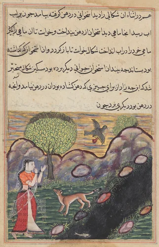 The daughter-in-law of the king of Banaras sees the jackal deprived of its food by a bird, as it unsuccessfully attempts to catch a fish, from a Tuti-nama (Tales of a Parrot): Sixteenth Night by Unknown, painting, 1555-1565