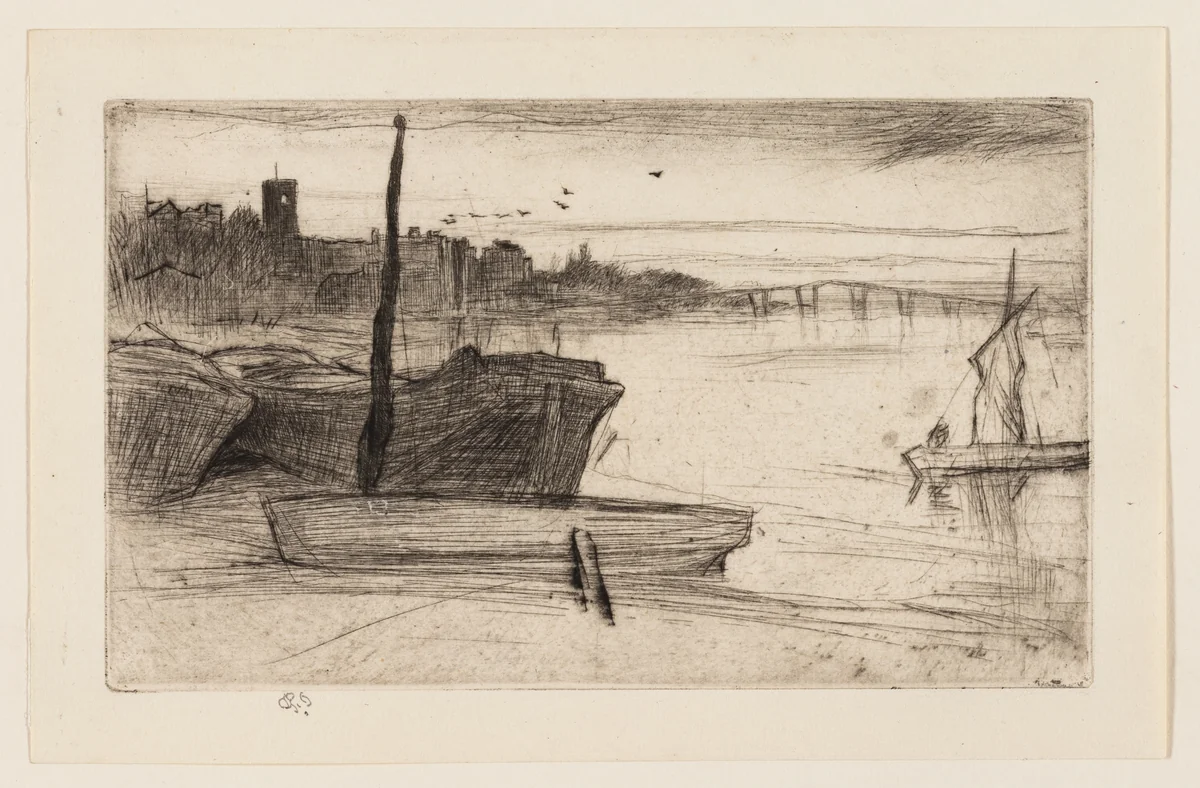 Chelsea Bridge and Church by James McNeill Whistler, print, 1871