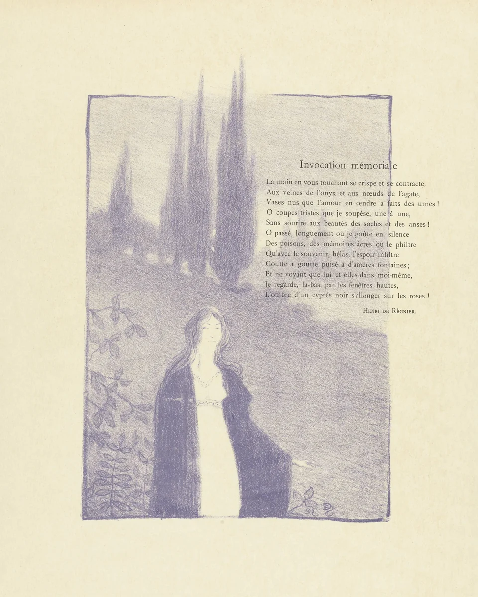 Illustratie met vrouw in landschap bij gedicht Invocation mémoriale van Henri de Régnier by Maurice Dumont, print, 1892