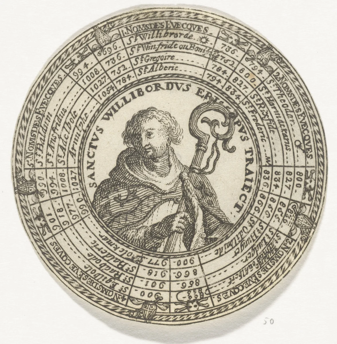 Penning met het portret van de Heilige Willibrord en de namen van de bisschoppen van Utrecht by anonymous, print, 1685-1720