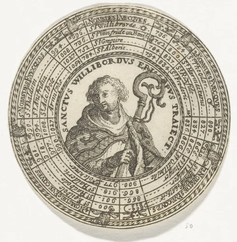 Penning met het portret van de Heilige Willibrord en de namen van de bisschoppen van Utrecht by anonymous, print, 1685-1720