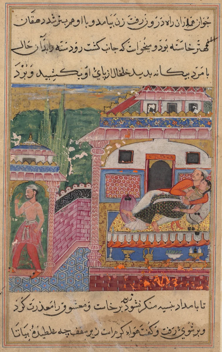 The farmer, father of the son with the deceitful wife, steals away with her anklet while she is in bed with her lover, from a Tuti-nama (Tales of a Parrot): Eighth Night by Unknown, painting, 1555-1565