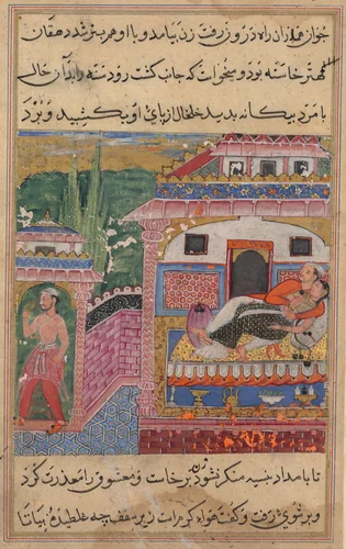 The farmer, father of the son with the deceitful wife, steals away with her anklet while she is in bed with her lover, from a Tuti-nama (Tales of a Parrot): Eighth Night by Unknown, painting, 1555-1565