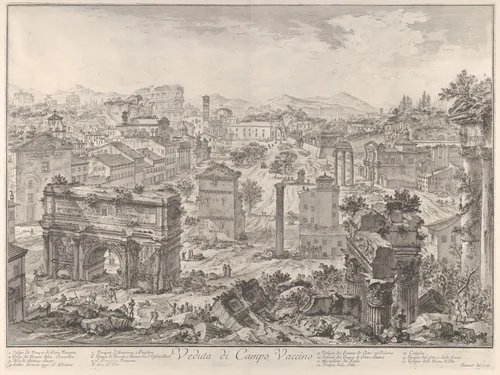The Forum Romanum, or Campo Vaccino, from the capitol, with the Arch of Septimus Severus in the foreground left, Temple of Vespian right, and the Colosseum in the distance (Veduta di Campo Vaccino), from "Vedute di Roma" by Giovanni Battista Piranesi, print, 1770-1780