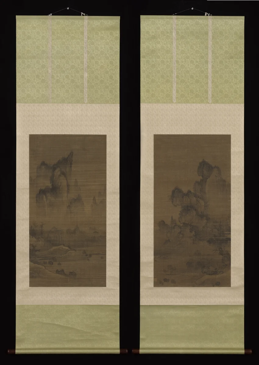 Evening bell from mist-shrouded temple (left); Autumn moon over Lake Dongting (right) by An Gyeon, painting, 1440-1510