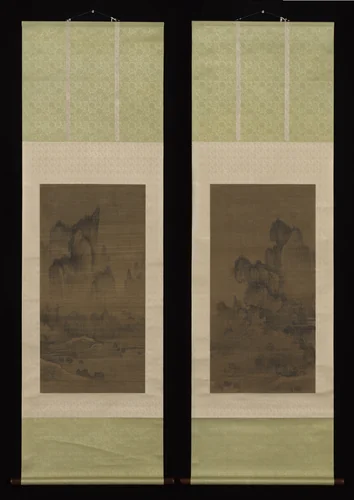 Evening bell from mist-shrouded temple (left); Autumn moon over Lake Dongting (right) by An Gyeon, painting, 1440-1510
