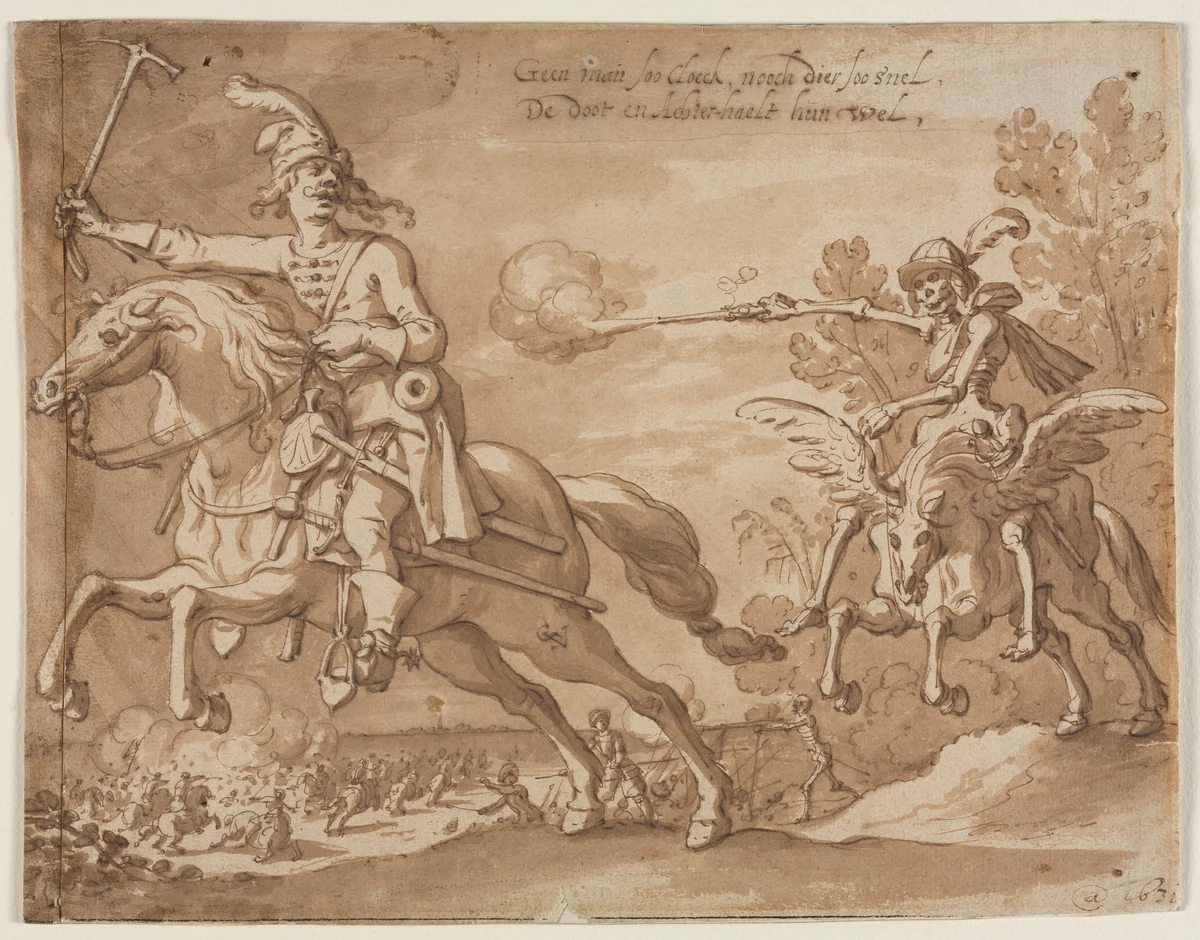 Death on Horseback Chasing a Flying Knight by Sebastian Vrancx, drawing, 1631