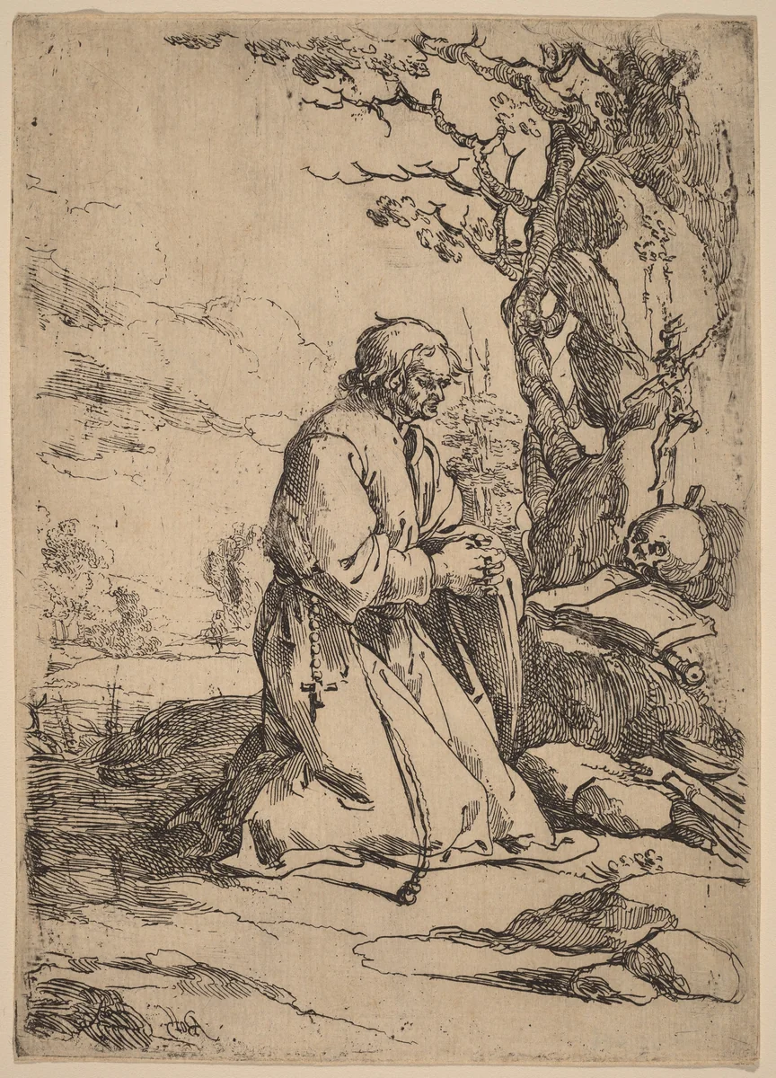 The Kneeling Hermit Facing Right by Andries Both, print, 1611-1641
