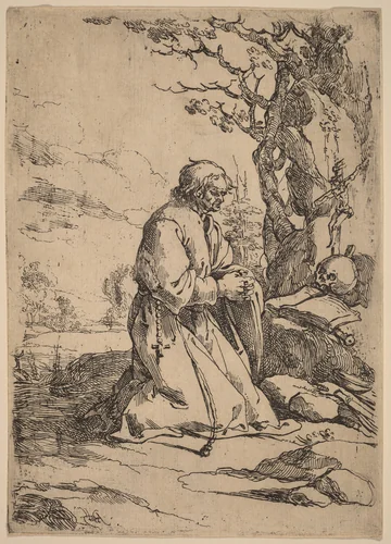 The Kneeling Hermit Facing Right by Andries Both, print, 1611-1641