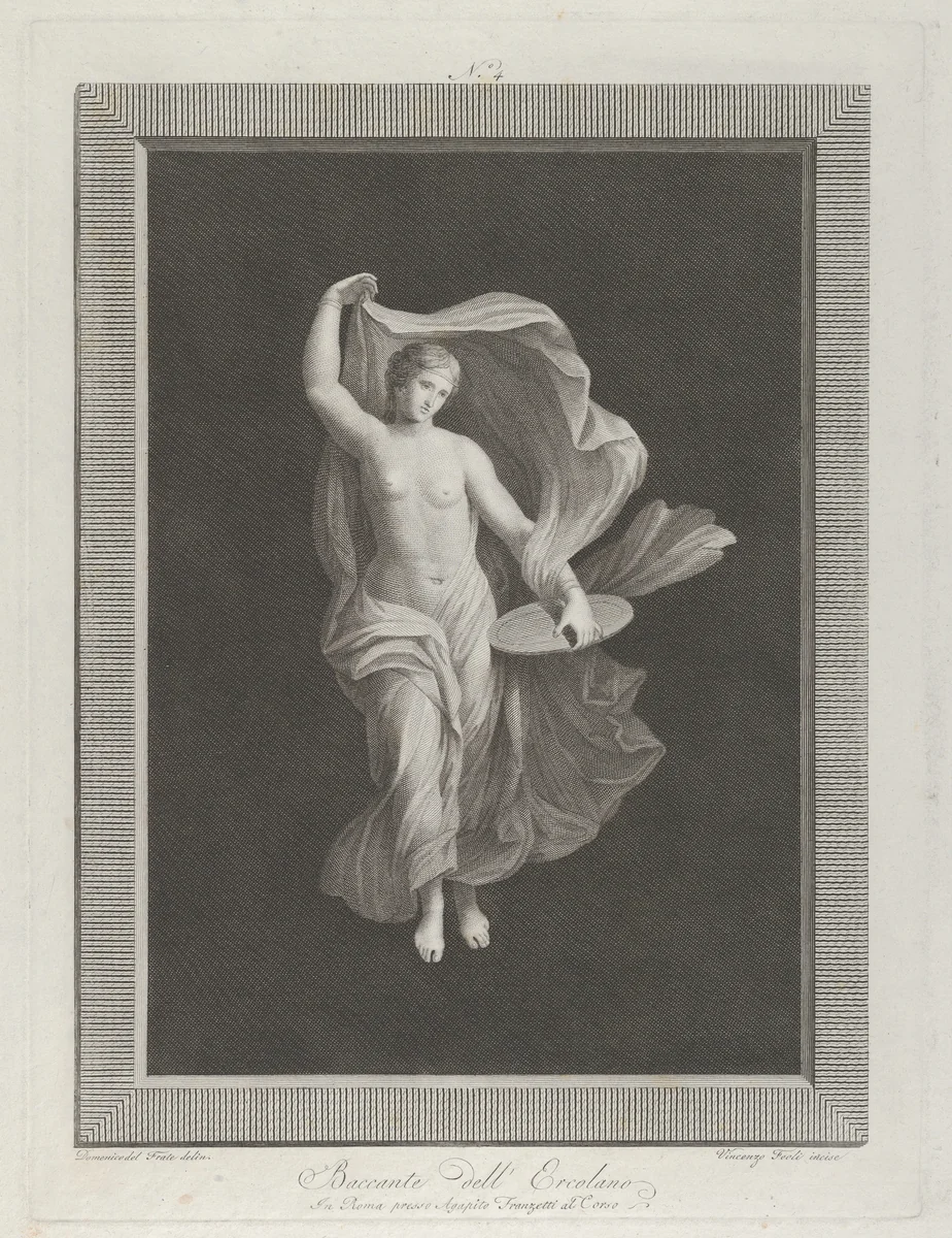 A partly nude bacchante holding a disk in her left hand and raising her garments with right by Vicenzo Feoli, print, 1790-1825